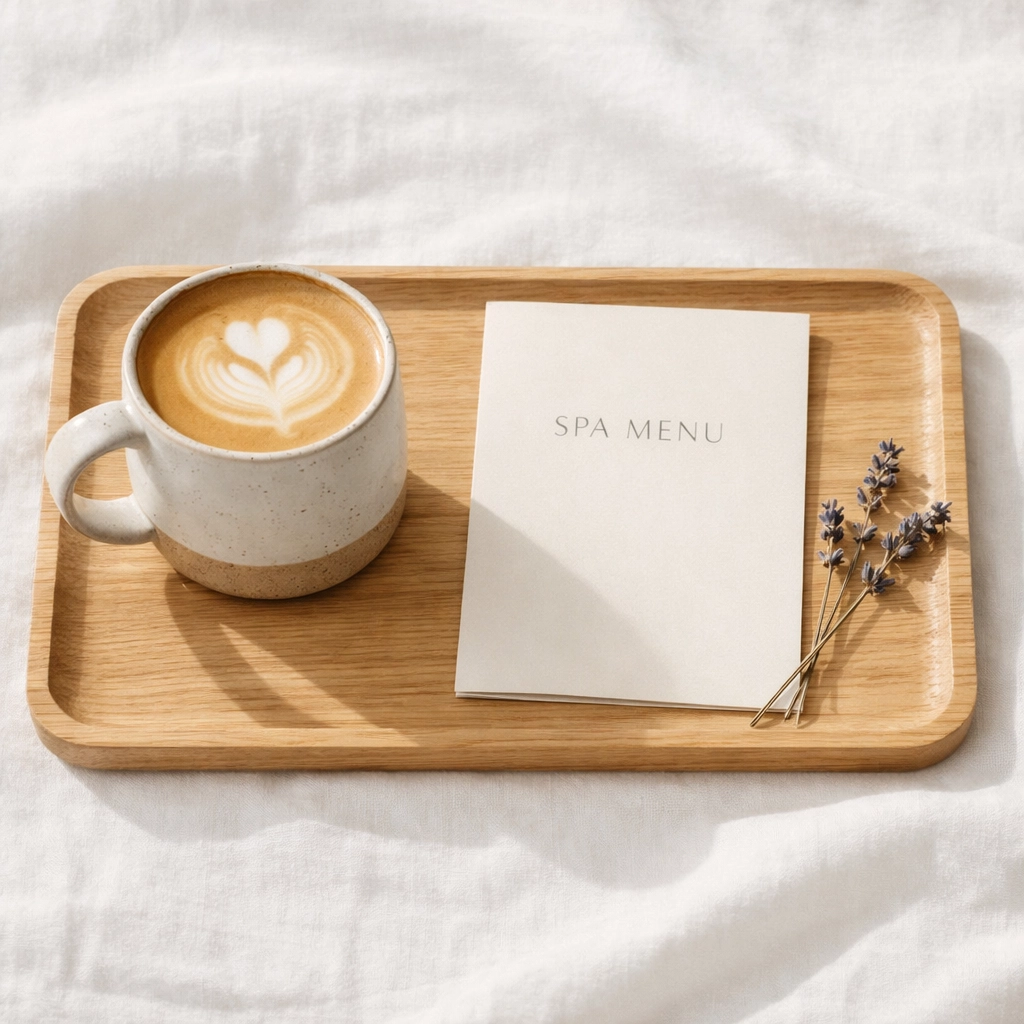Tailored guest experience with a personalized spa menu and morning coffee on a luxury hotel bed.