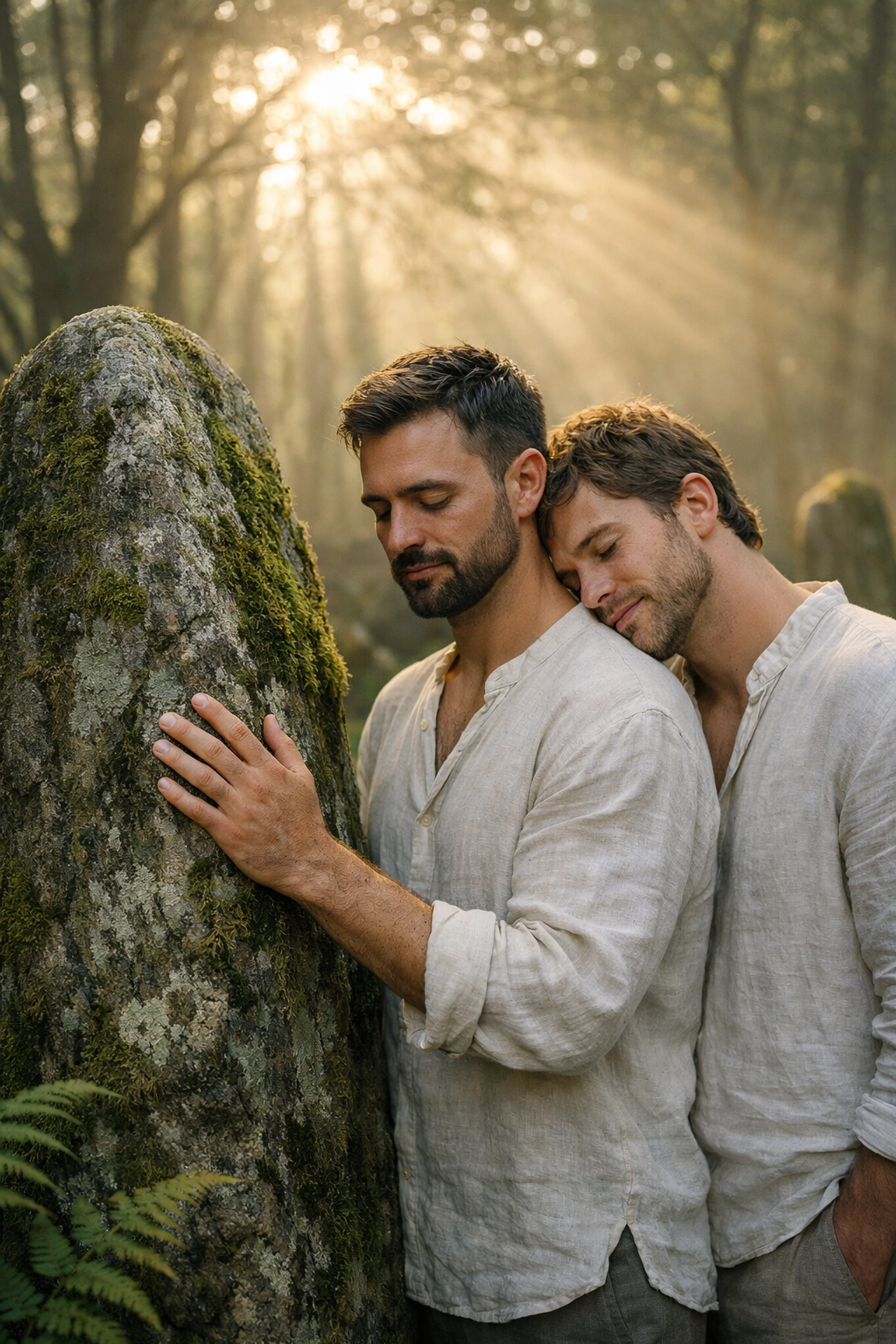 Two gay men lean against a mossy standing stone in a sun-drenched forest during a solstice ritual.