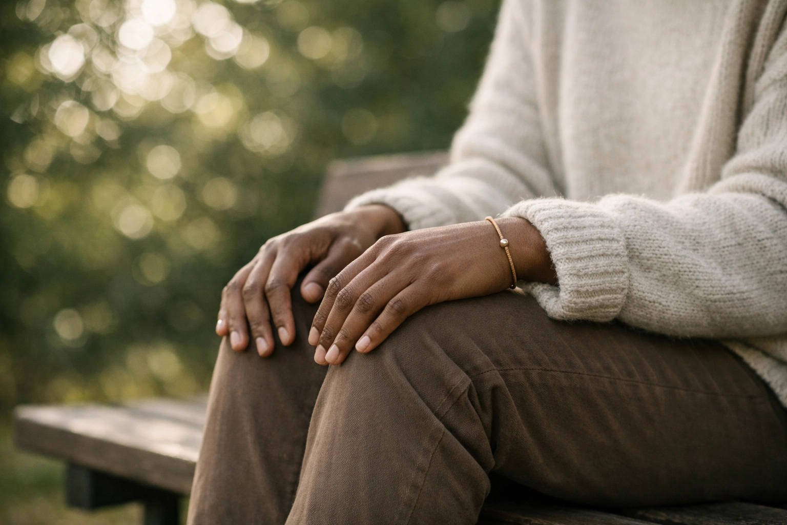Woman finding peace and grounding in the present moment surrounded by nature