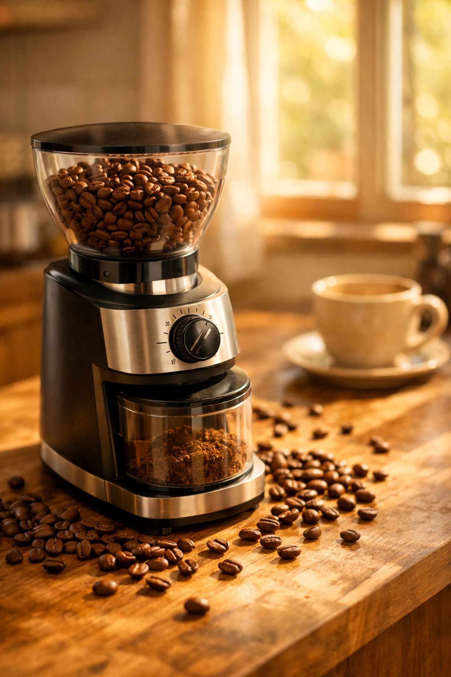 Burr grinder filled with whole coffee beans on kitchen counter for specialty coffee brewing at home