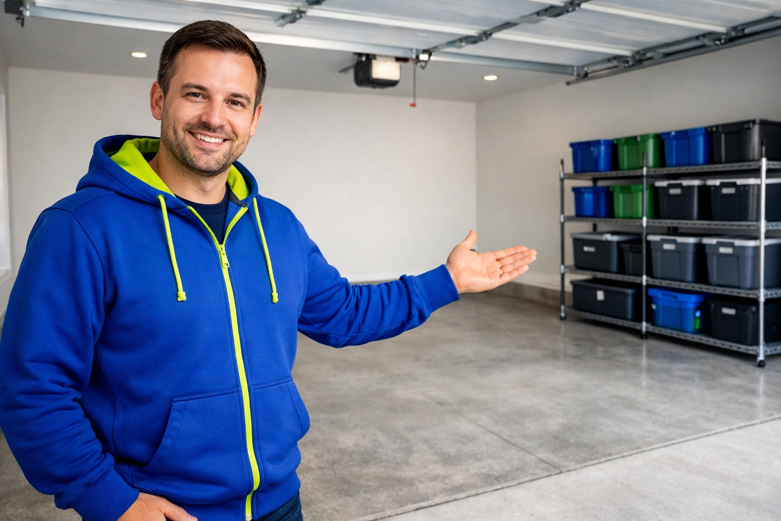 Junk GTA owner Roman in a decluttered Newmarket garage after a professional residential cleanout.