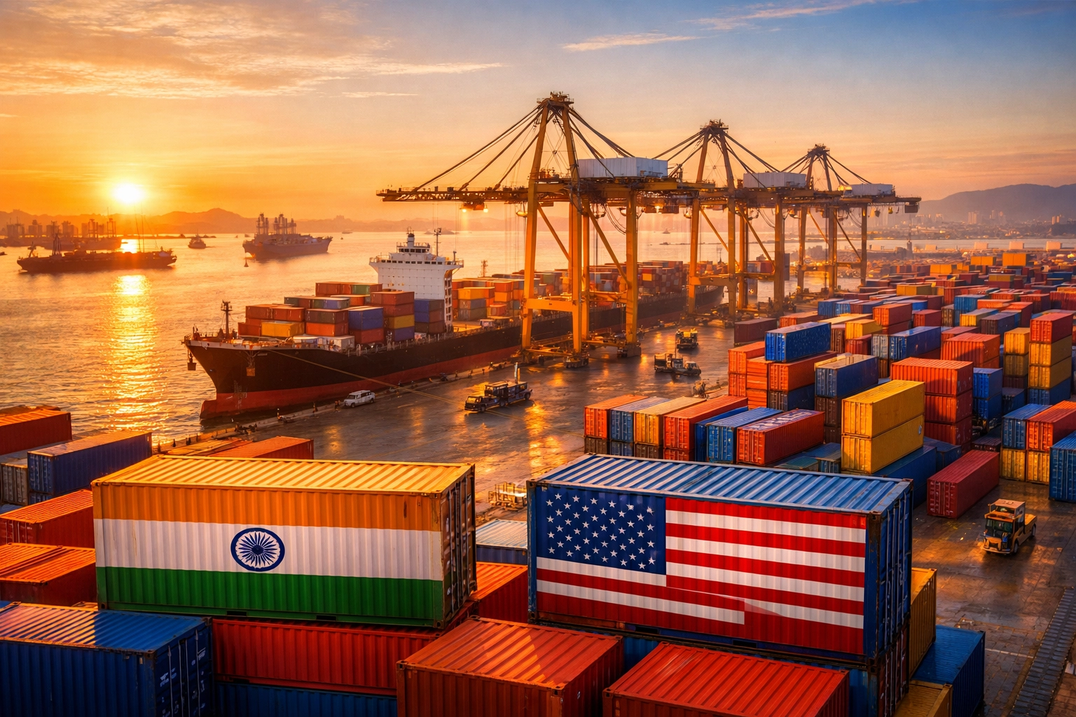 Shipping port with cargo containers representing India-US trade partnership and cooperation