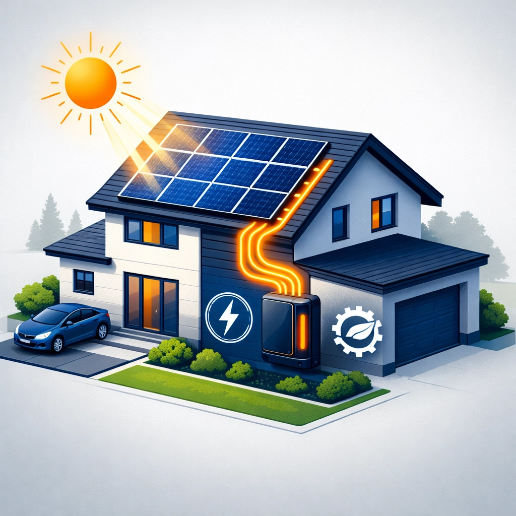 Modern home with solar PV panels and battery storage system for sustainable energy in Guildford.