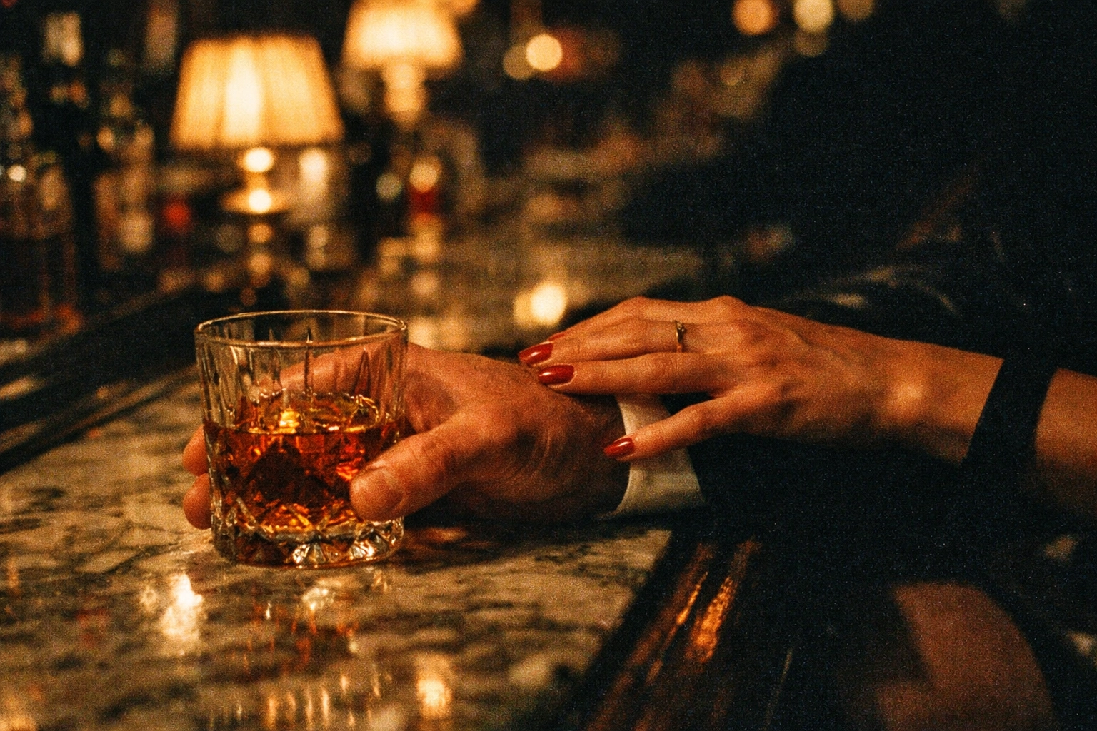 Intimate power exchange moment in luxury hotel bar showing dominant and submissive dynamic