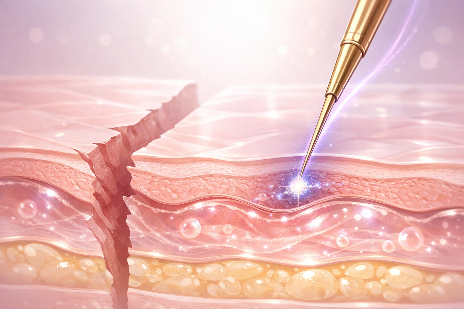 Medical illustration of nano brow needle depositing pigment into the dermal skin layer for precision.
