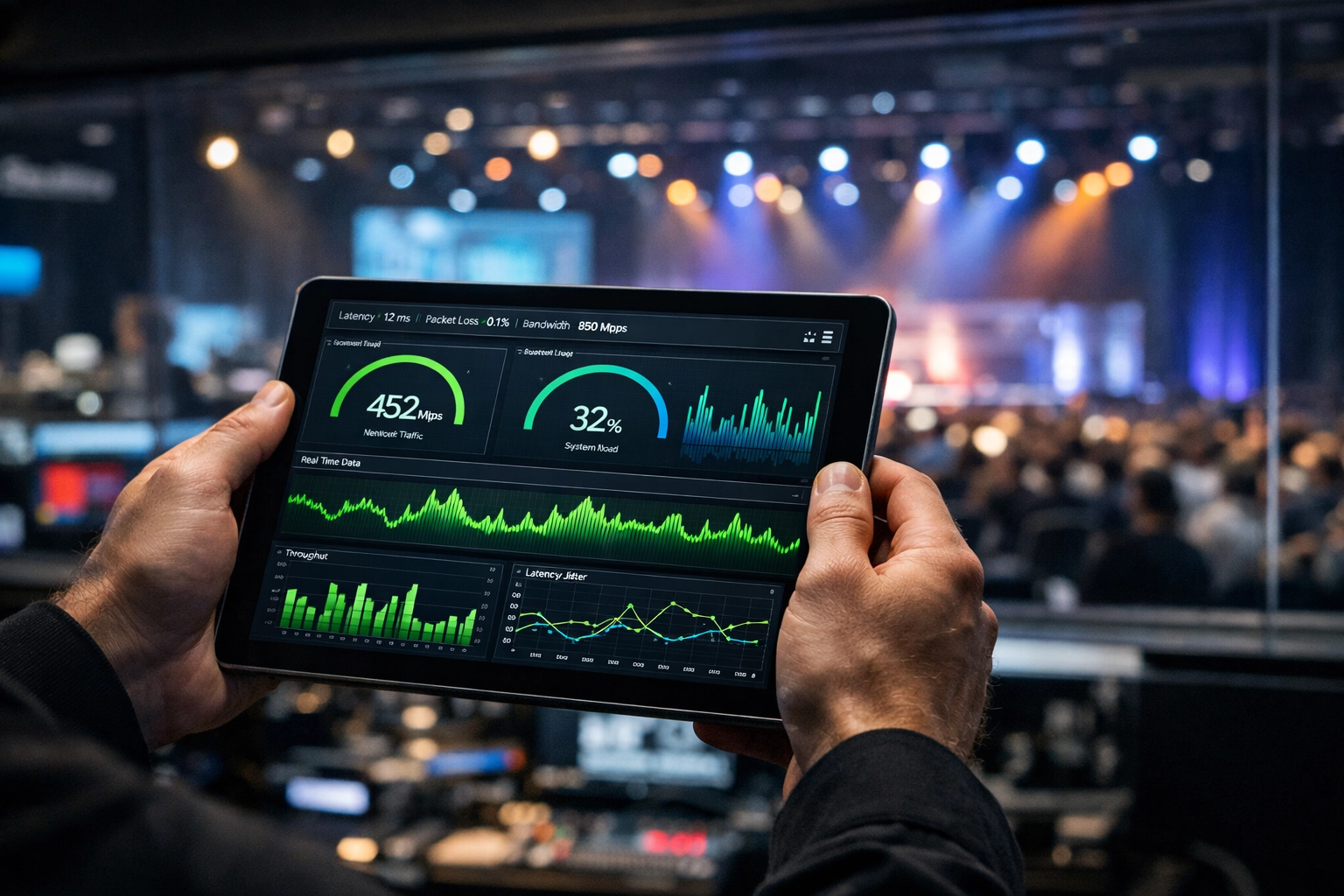 Technician monitoring real-time event bandwidth and network traffic on a digital dashboard.