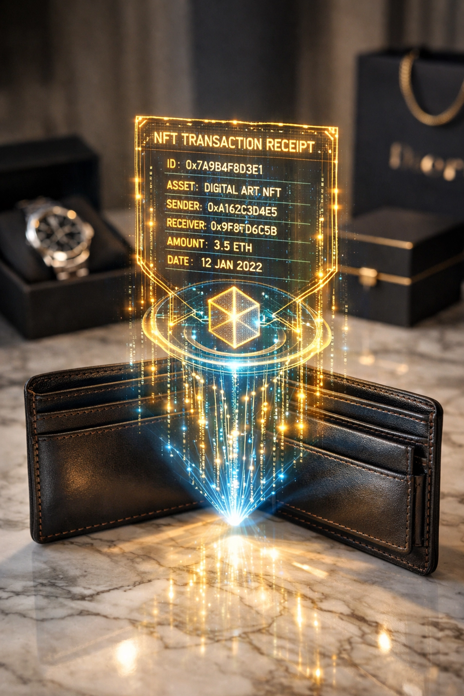 Luxury wallet displaying NFT receipt from blockchain transaction