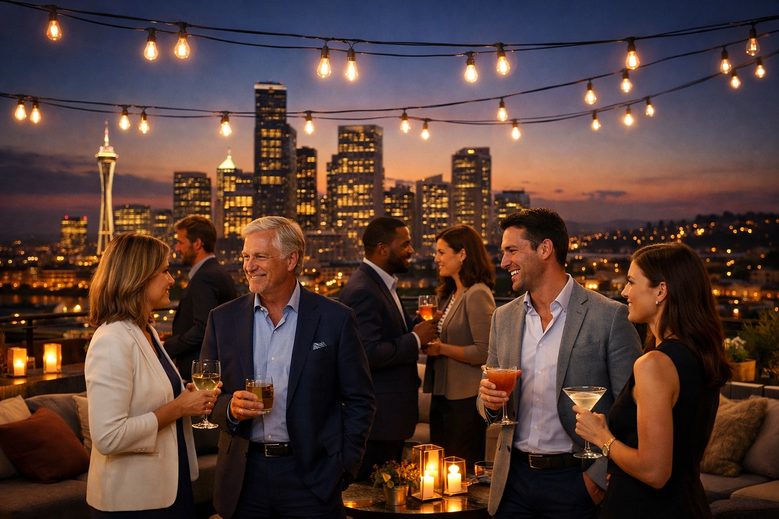 Business executives networking at upscale rooftop event during Super Bowl week