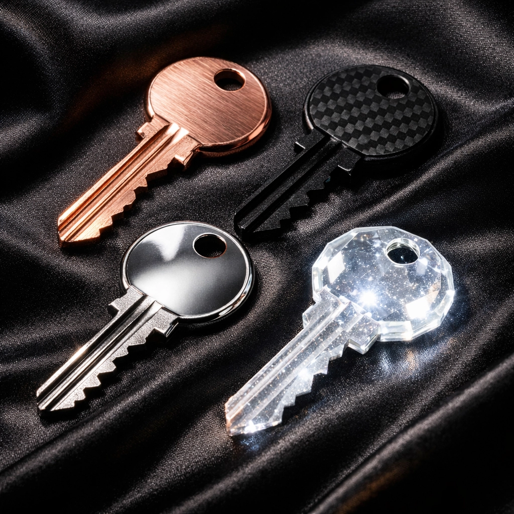 Four premium keys representing distinct asset classes for a balanced $10k per month investment portfolio.