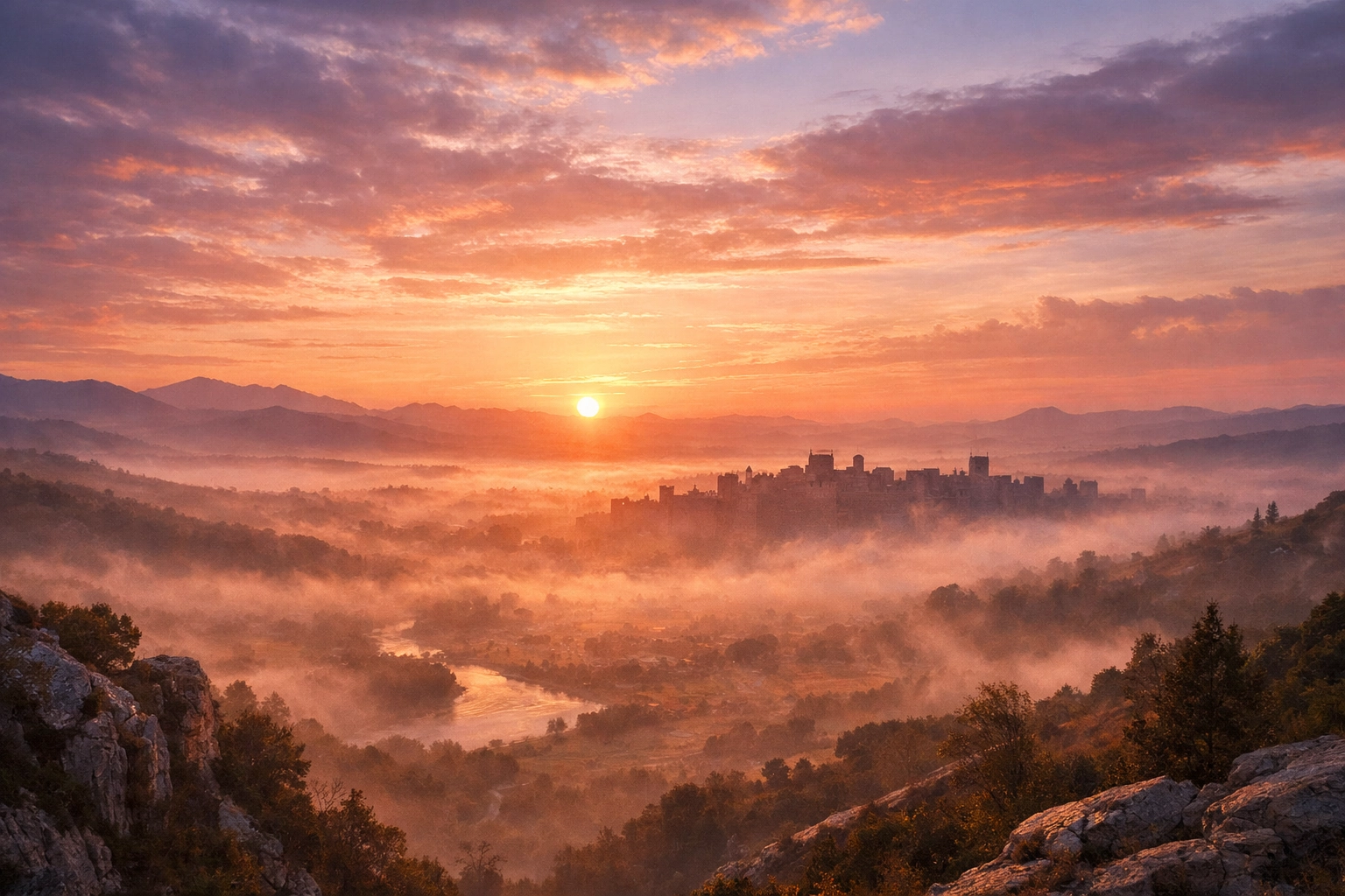 Sunrise over ancient walls, representing the hope of peace and prayer for the future of the Middle East.