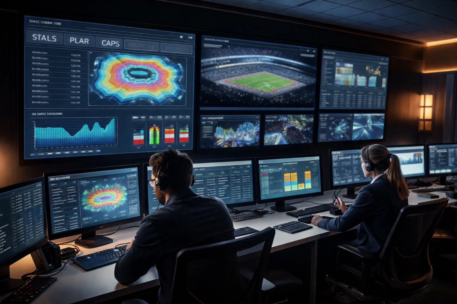 Stadium operations control room with real-time sales dashboards and analytics for concession optimization