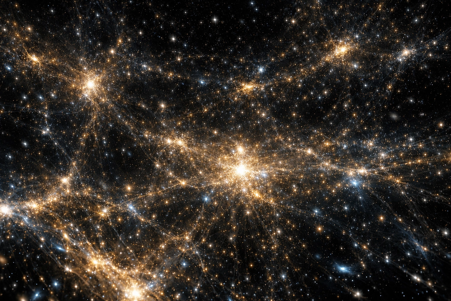 A 3D visualisation of the universe showing layered clusters of galaxies, glowing filaments and deep cosmic voids, with colour-coded depth revealing distance across space.