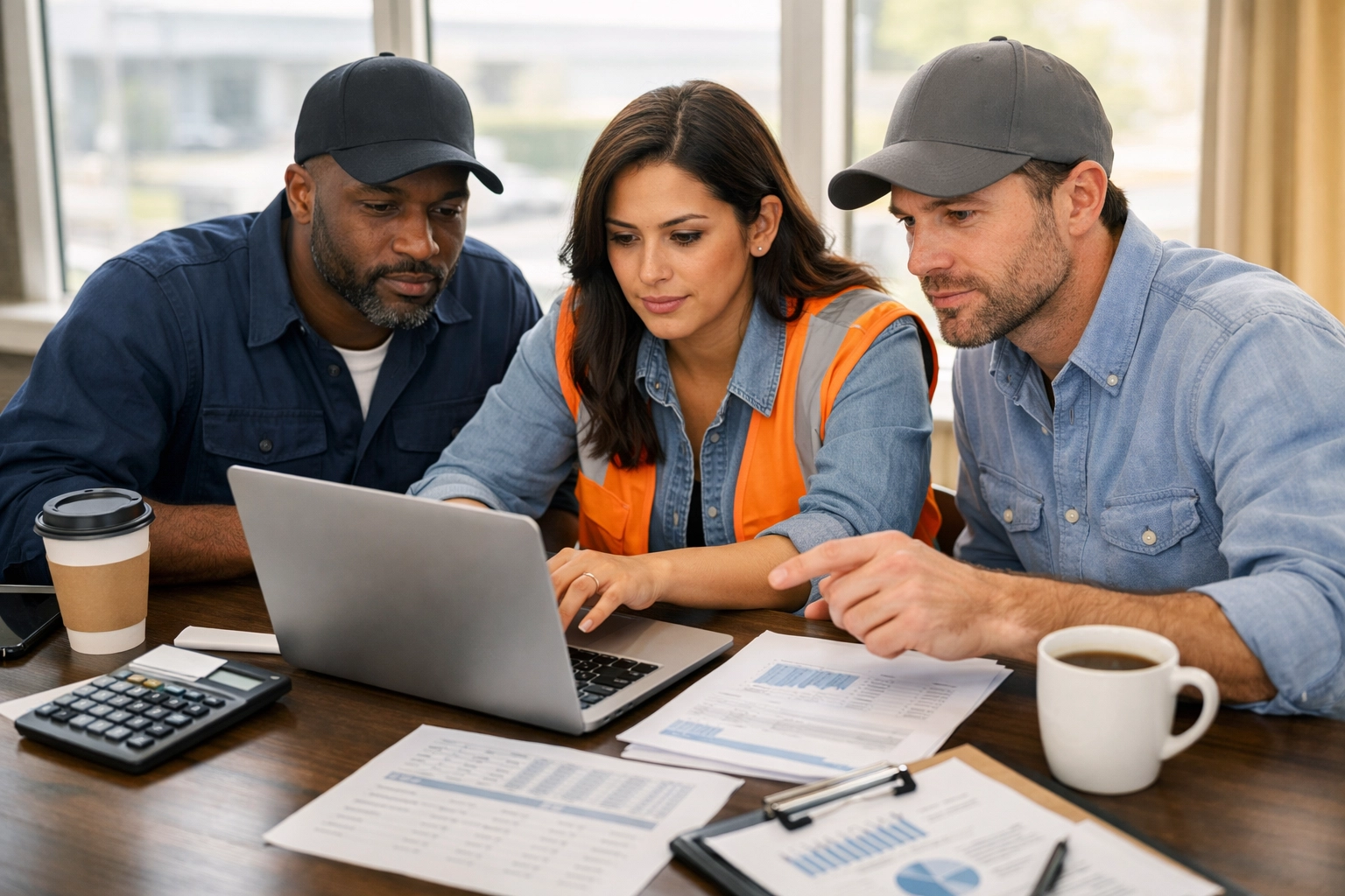 Trucking professionals reviewing cost per mile calculations and financial spreadsheets