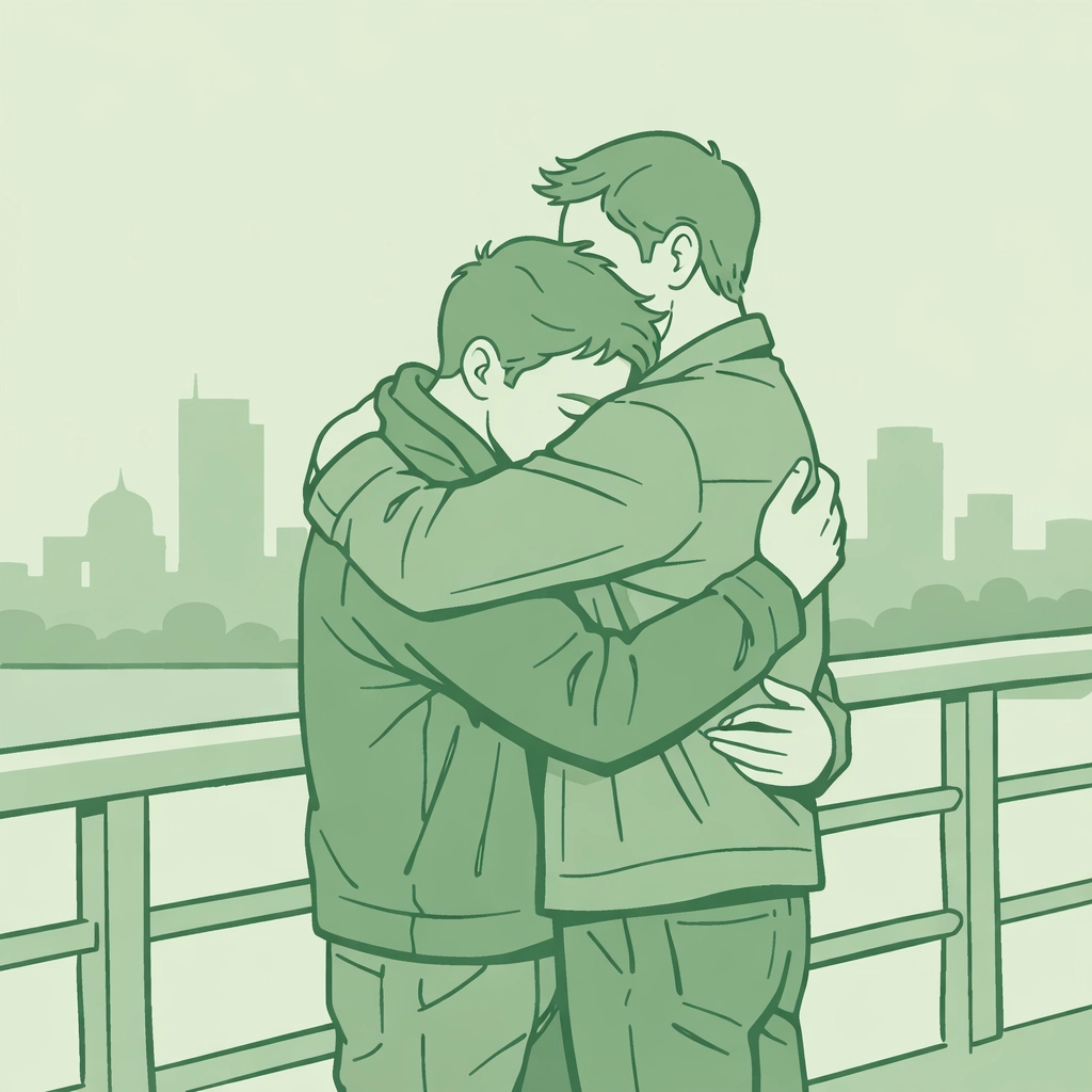Two men embracing showing commitment and emotional support in gay romance