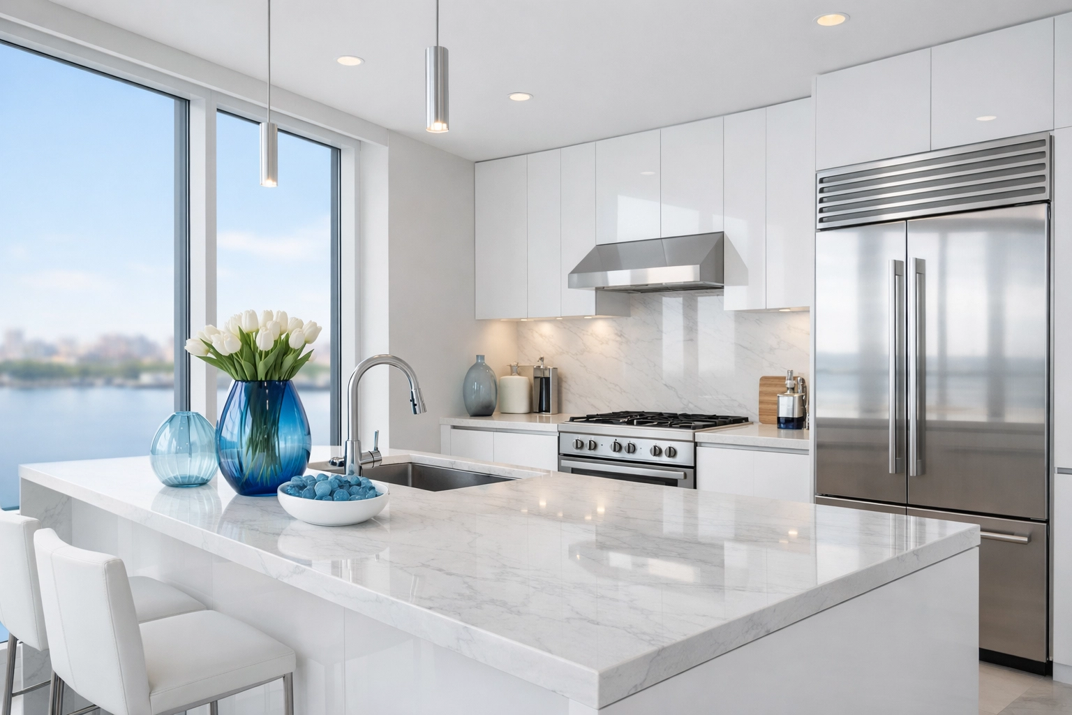 Spotless East Cambridge kitchen with marble counters after professional house cleaning Cambridge MA.