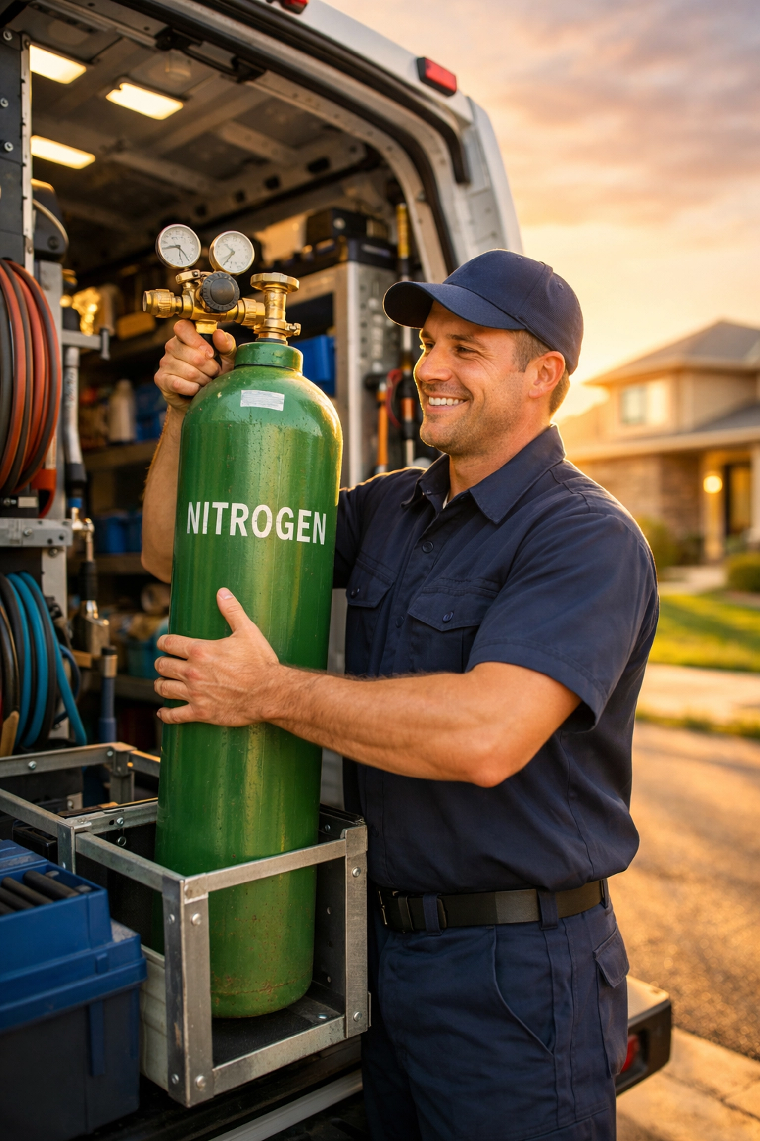 HVAC technician loading a nitrogen gas cylinder from a service van for a nationwide gas delivery job.
