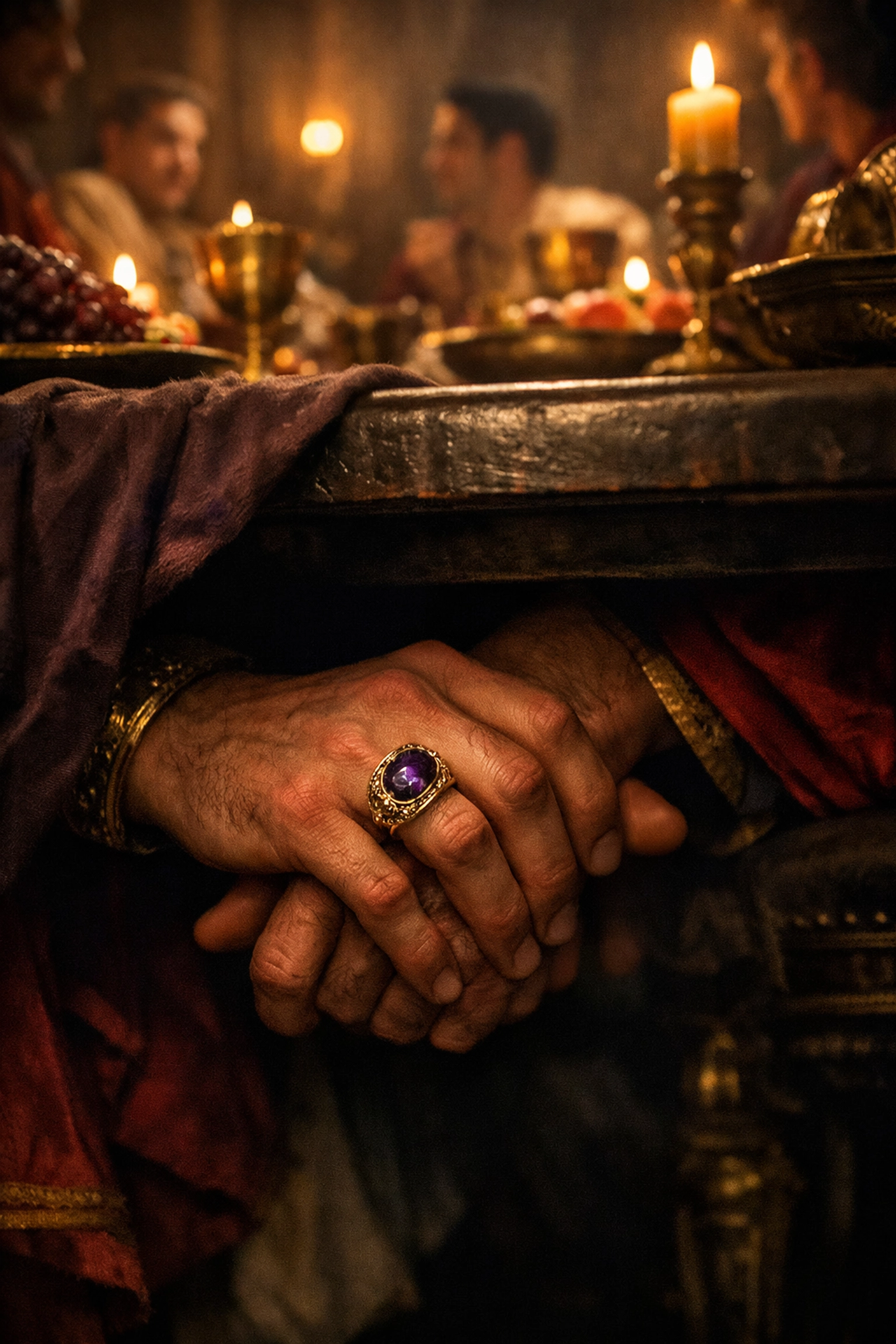 Two Roman men secretly holding hands beneath banquet table - forbidden gay romance