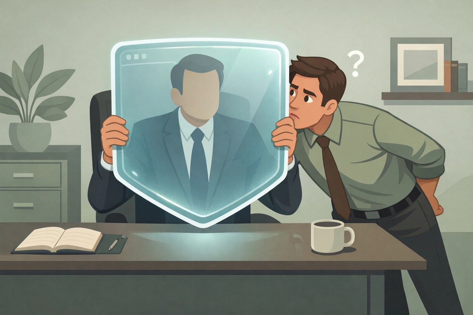 Illustration of a manager using a digital tablet as a shield to avoid a real conversation with an employee.