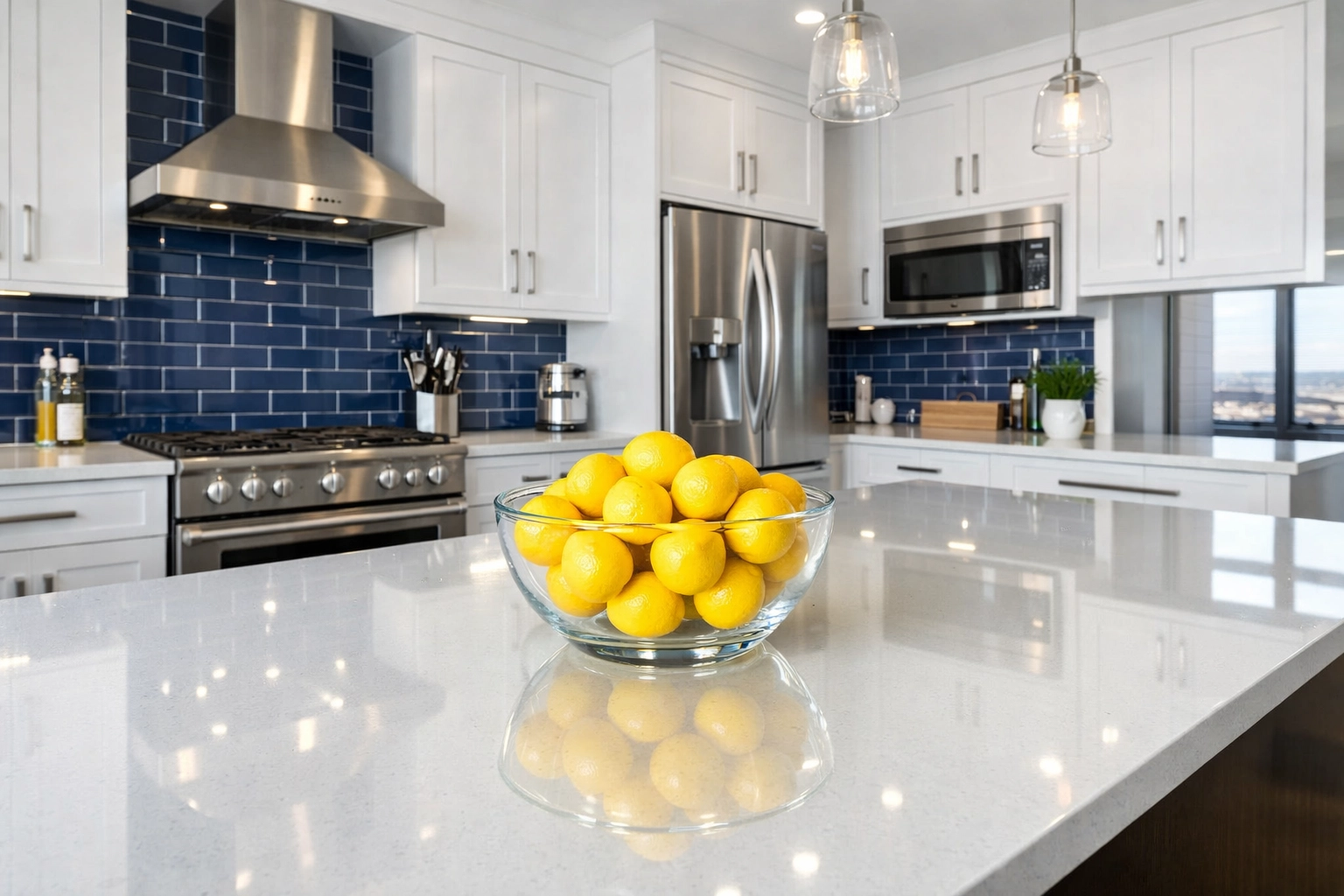 Deep Brookline apartment cleaning of a modern penthouse kitchen with polished quartz countertops and stainless steel.
