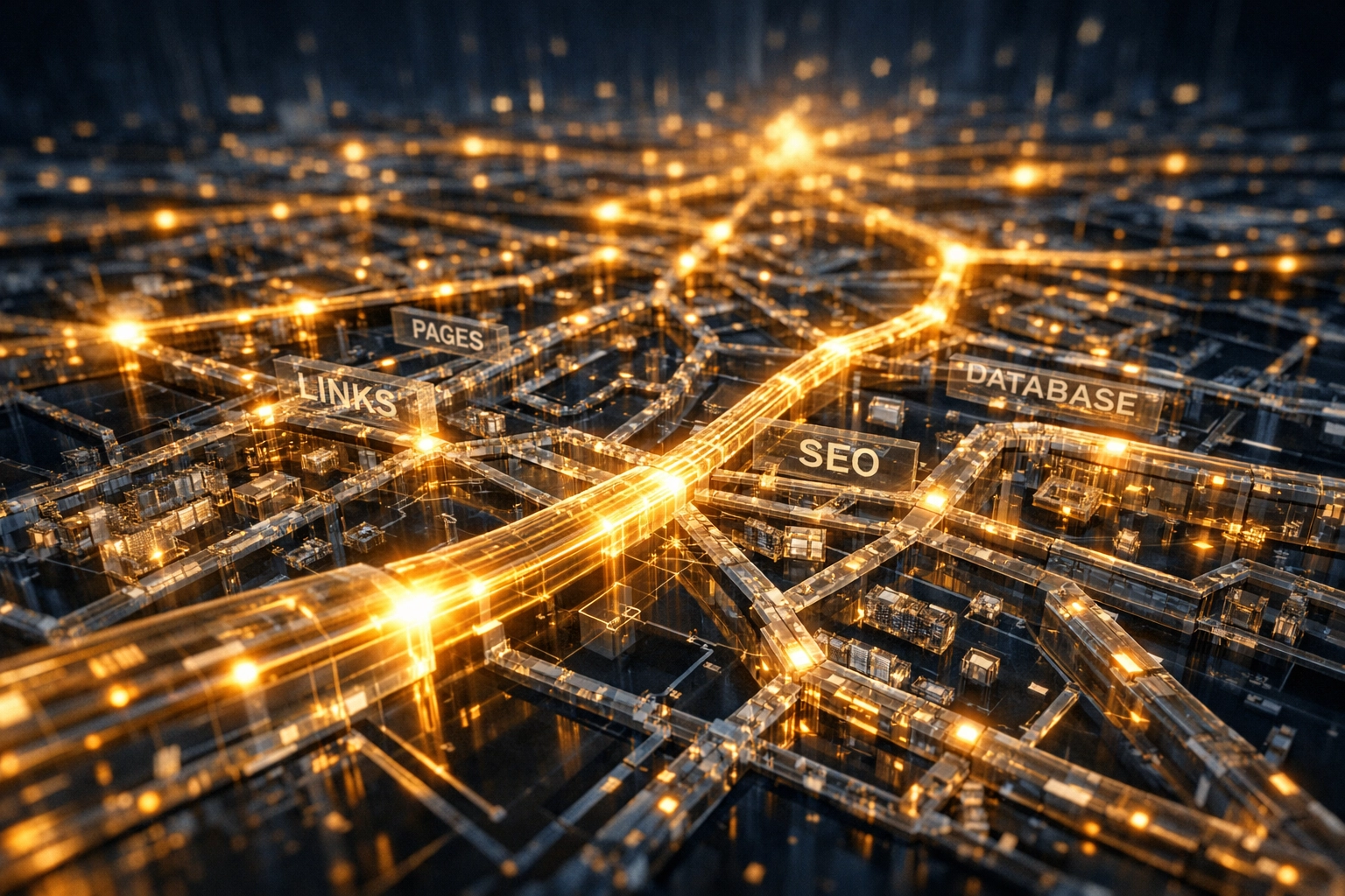 Intricate glowing neural network pathways illustrating complex technical SEO and website architecture for AI search.