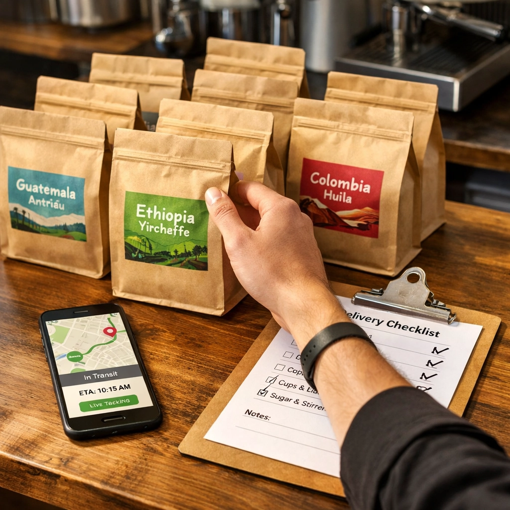 Wholesale specialty coffee delivery with labeled bean bags and tracking documentation on cafe counter