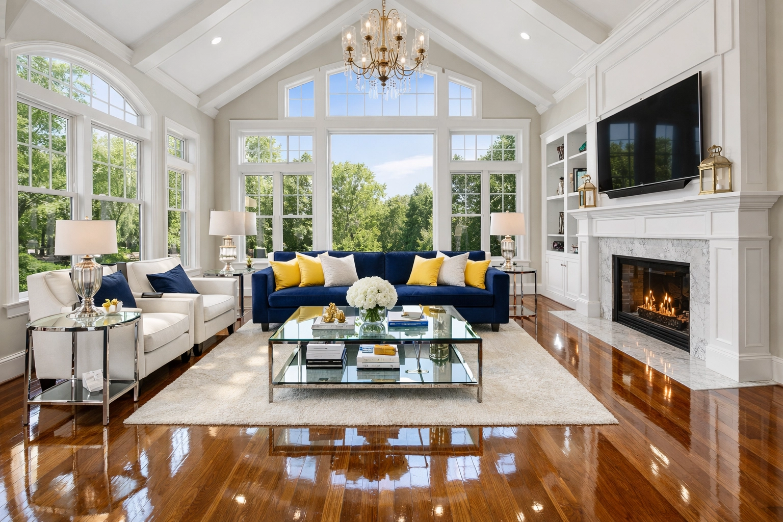 Pristine luxury residential cleaning Norwell MA in a modern sun-drenched living room with gleaming floors.