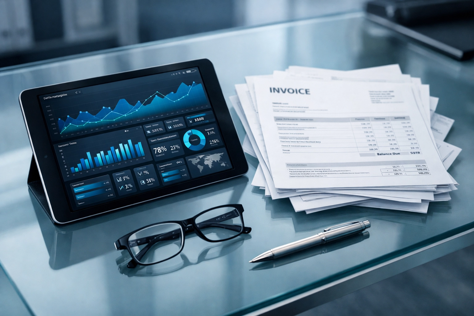 Digital dashboard and paper invoices used for a multi-site business POTS line audit and telecom expense management.