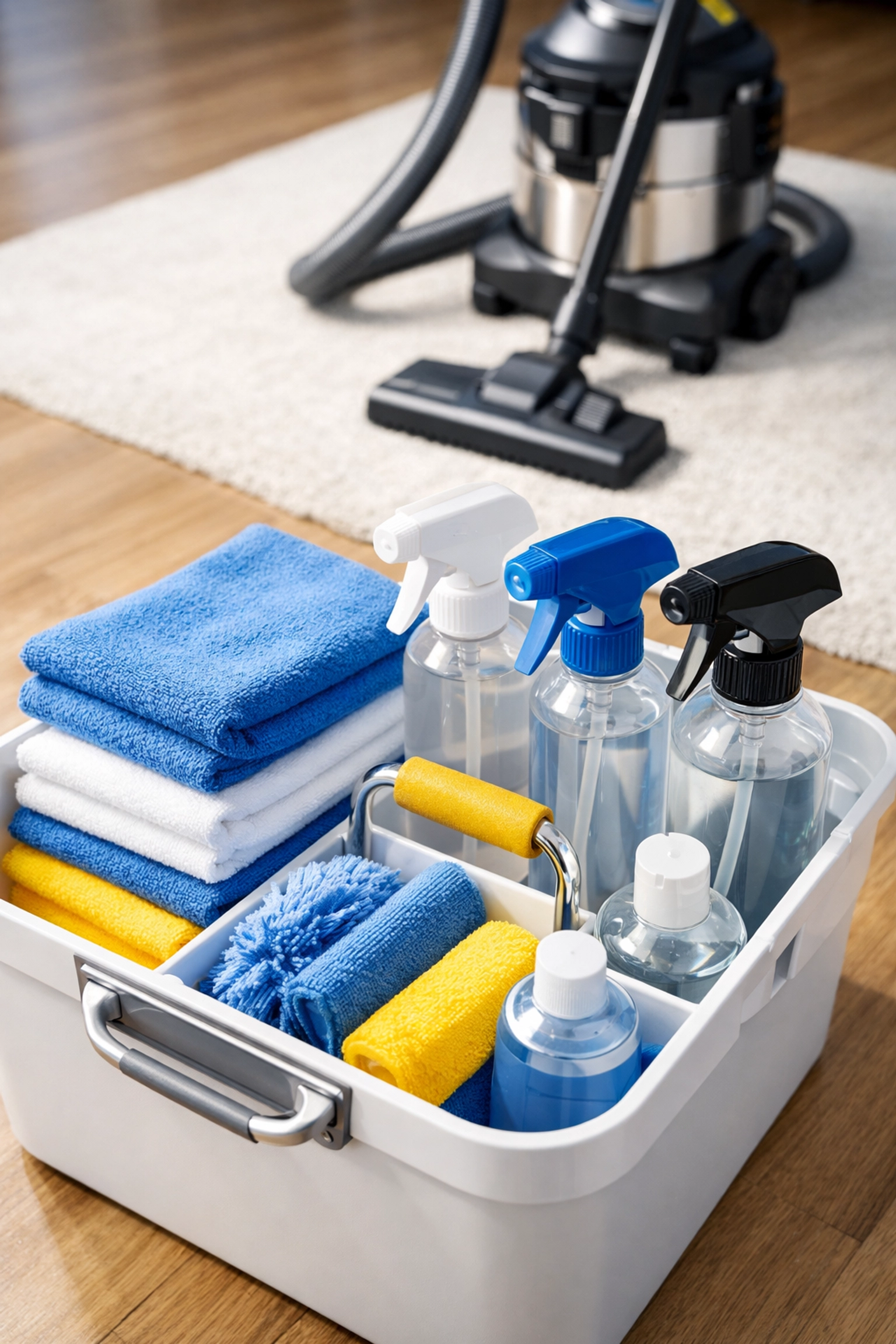 Professional house cleaning supplies and vacuum prepared for a deep cleaning project.