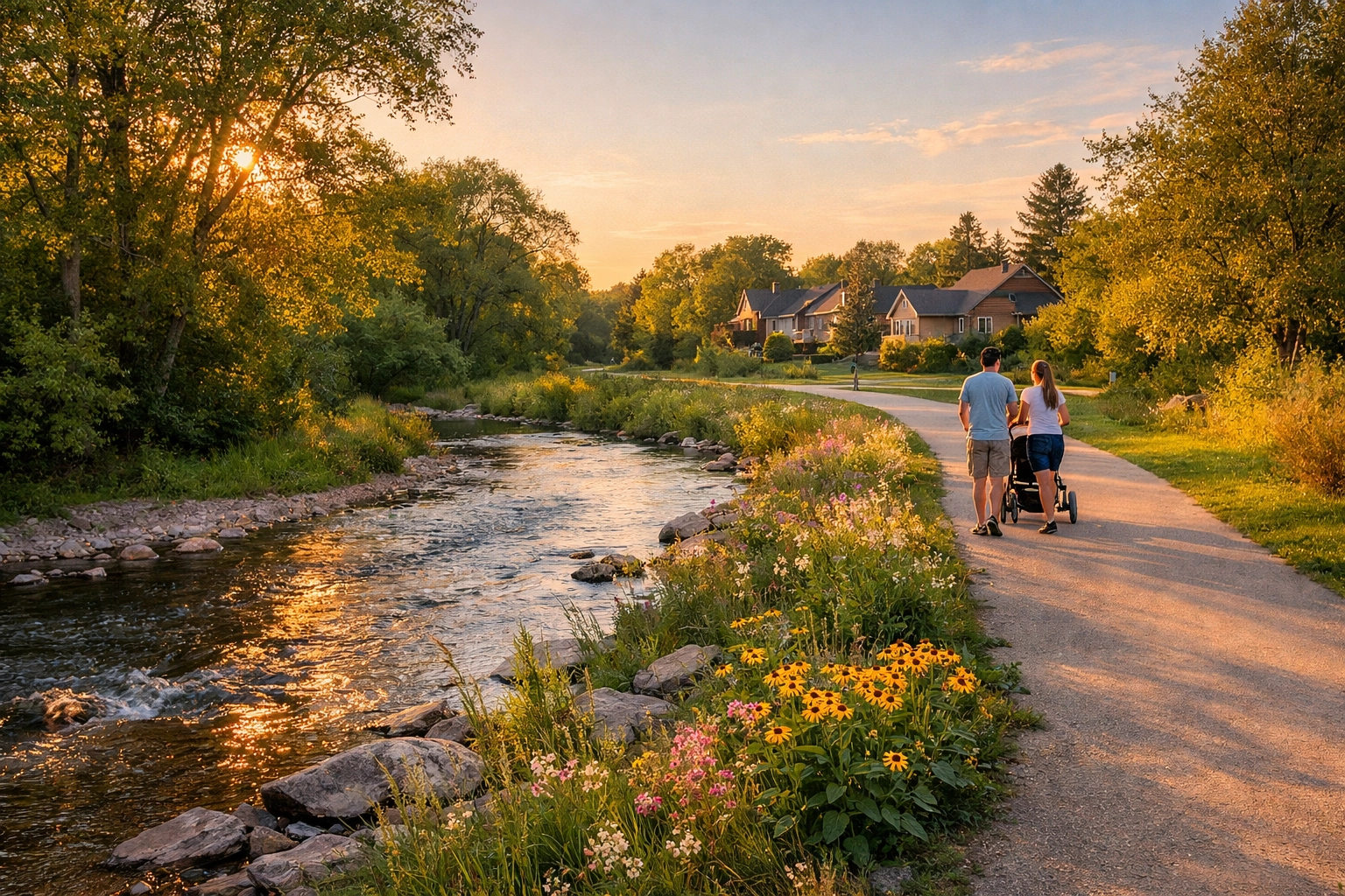 Scenic walking trail and greenery in Pringle Creek, one of the best neighborhoods in Whitby for families.
