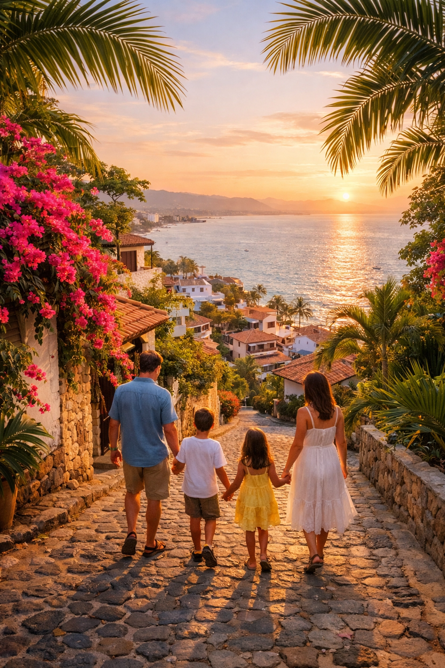 Family walking down hillside street in Amapas with Banderas Bay views in Puerto Vallarta