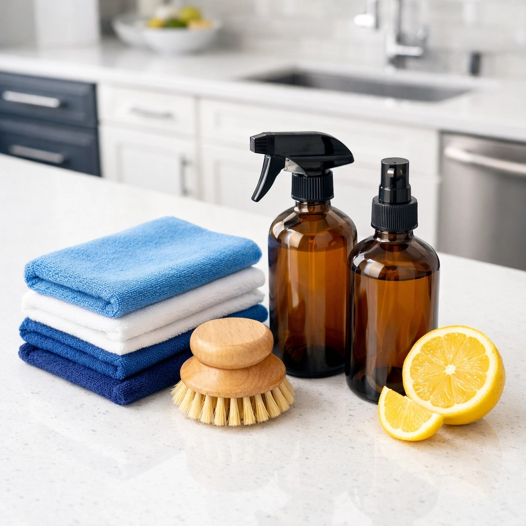 Professional eco-friendly cleaning kit for deep cleaning services Littleton on a white quartz counter.