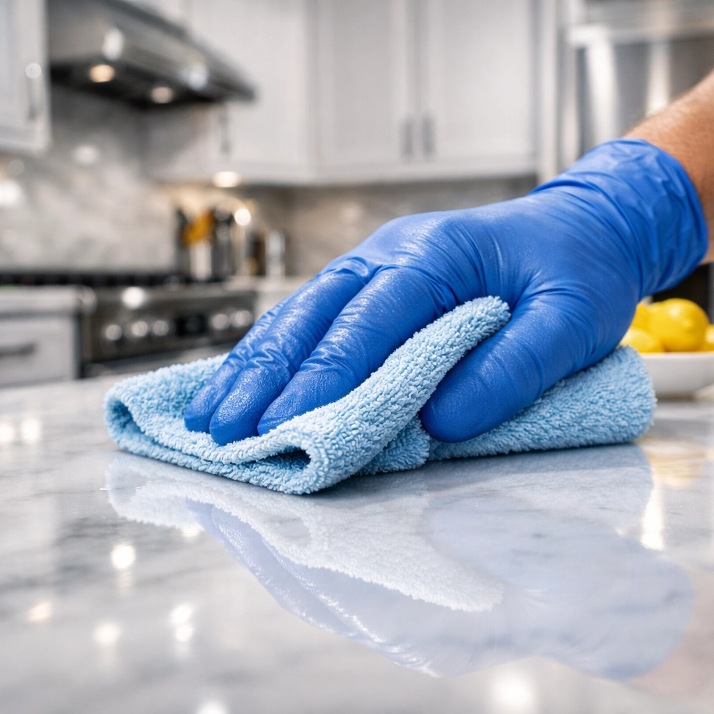 Detail of professional house cleaning Pepperell MA on a polished white marble kitchen countertop.