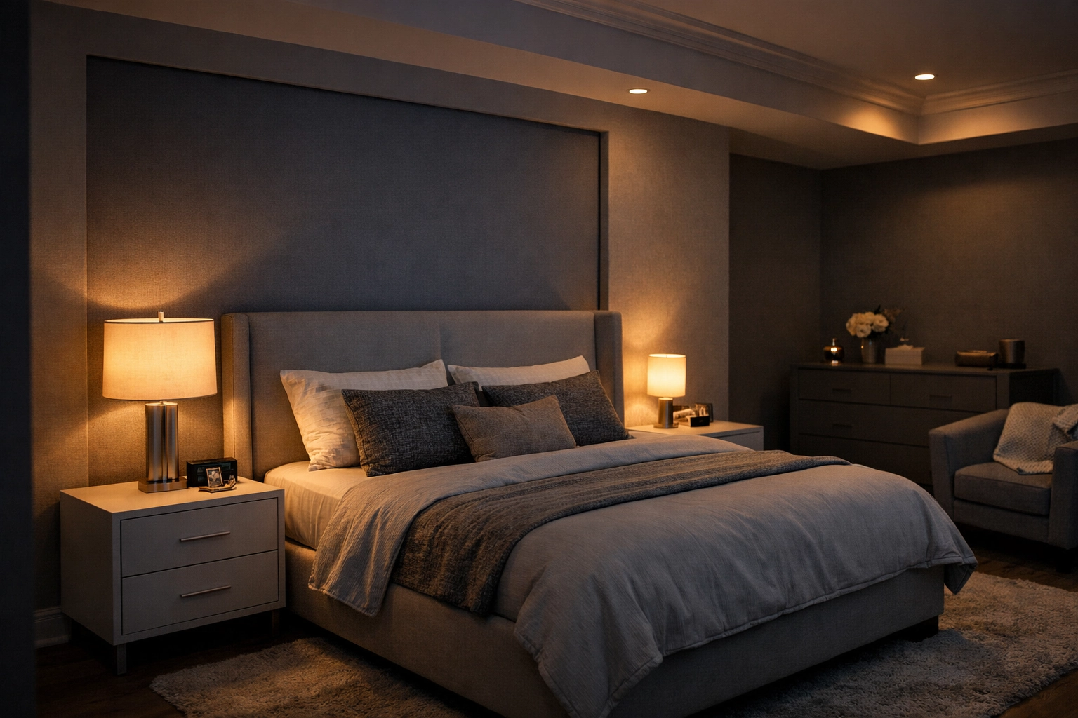 Motorized privacy shades closed in Colleyville master bedroom at evening