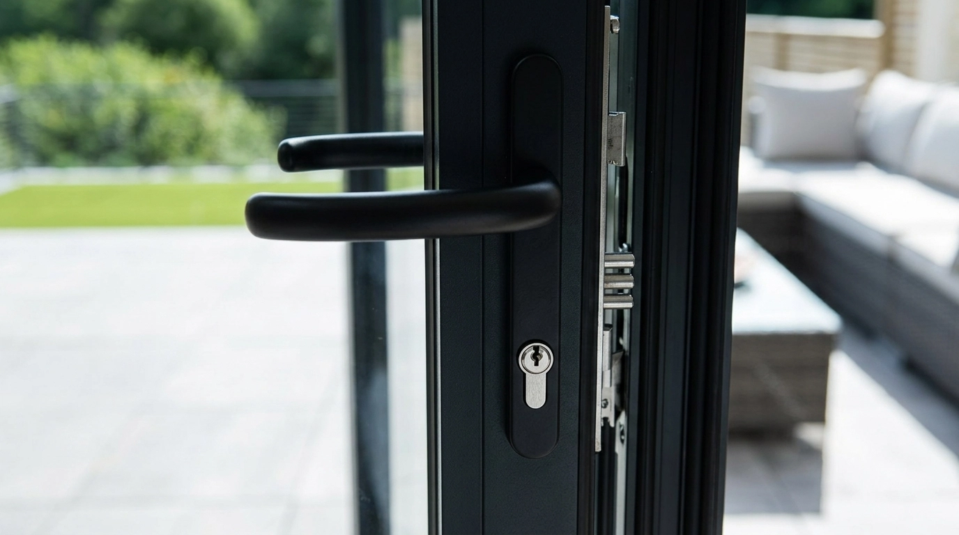 Modern bifold door handle and lock cylinder close-up