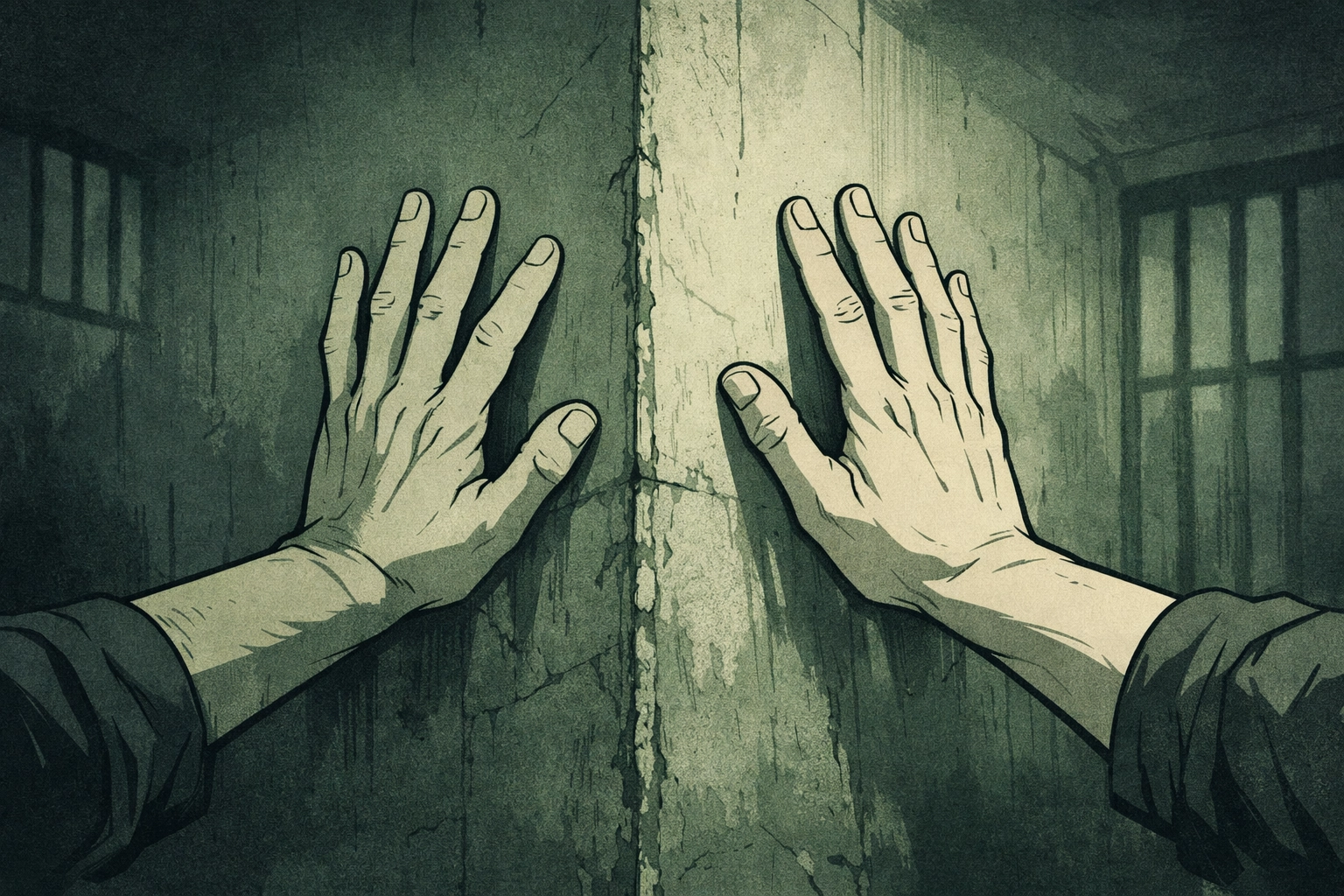 Two hands reaching through opposite sides of prison concrete wall in MM romance Concrete Heart