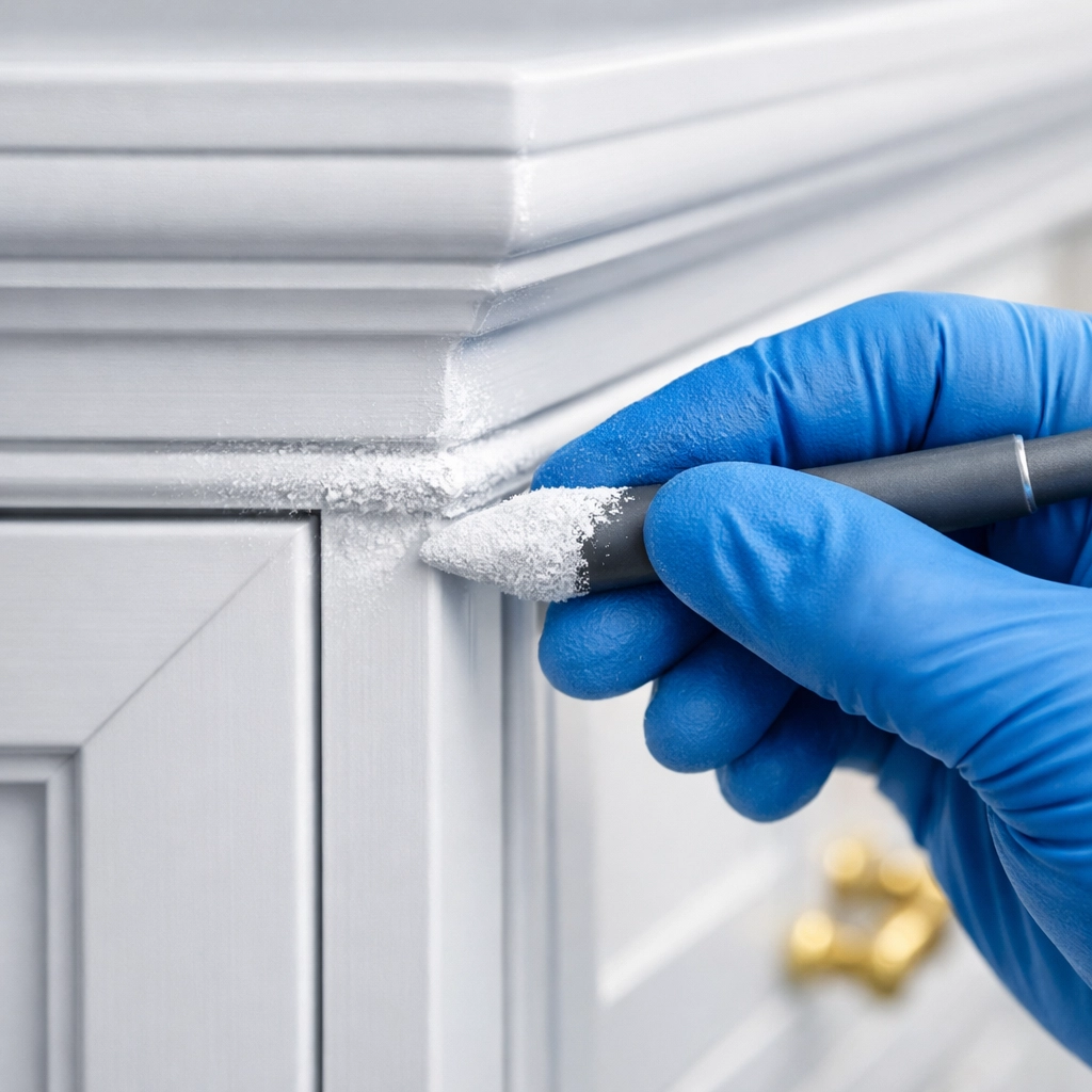 Detail of a professional cleaner removing drywall dust from kitchen cabinets in a Westborough residence.