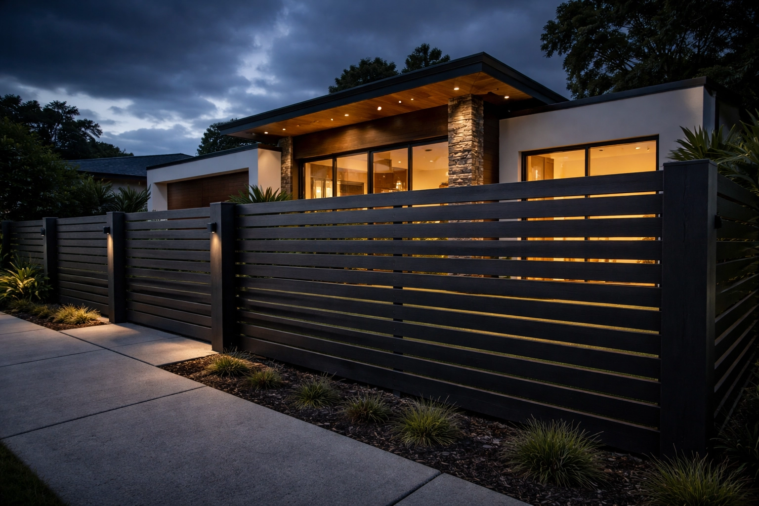 Contemporary horizontal timber slat front fence at a stylish Brisbane home, showcasing curb appeal