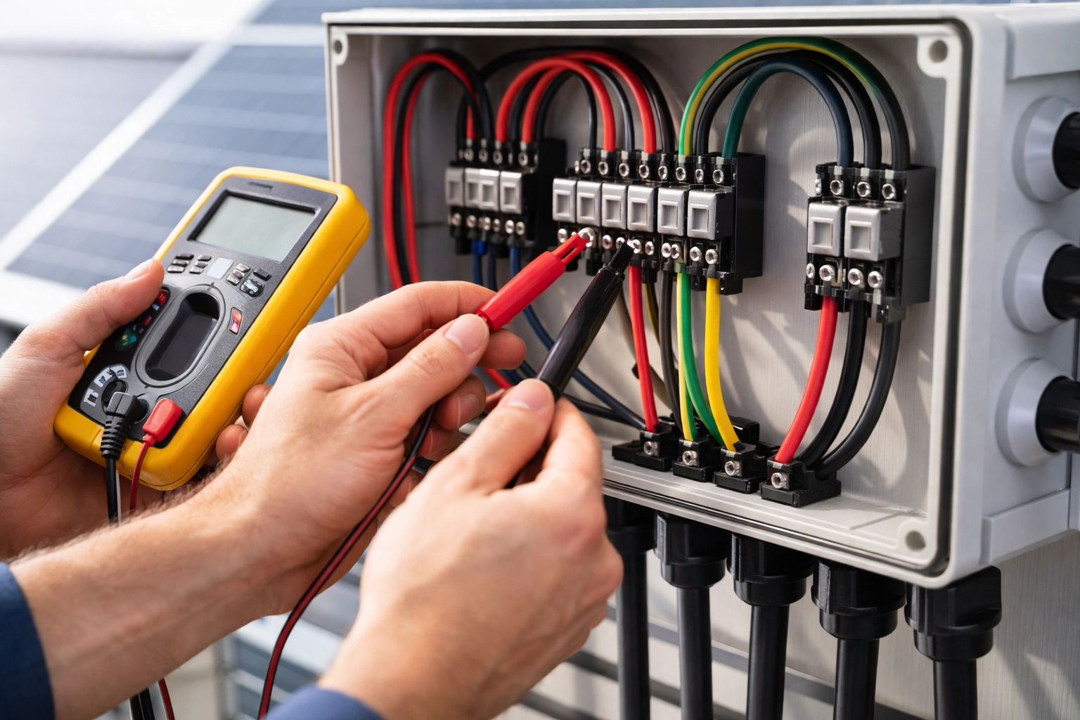 Electrician using multimeter to test solar system wiring, demonstrating professional solar electrical maintenance.