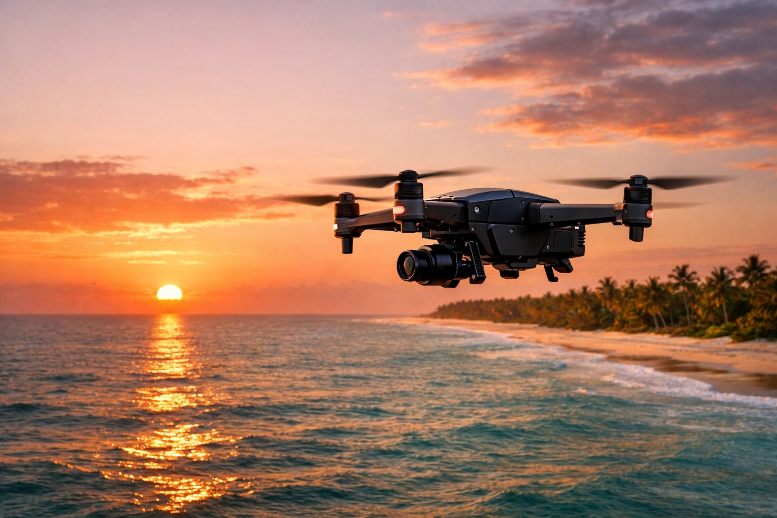 Professional drone flying over the Florida Coast at dawn for a peaceful drone ashes scattering memorial service.