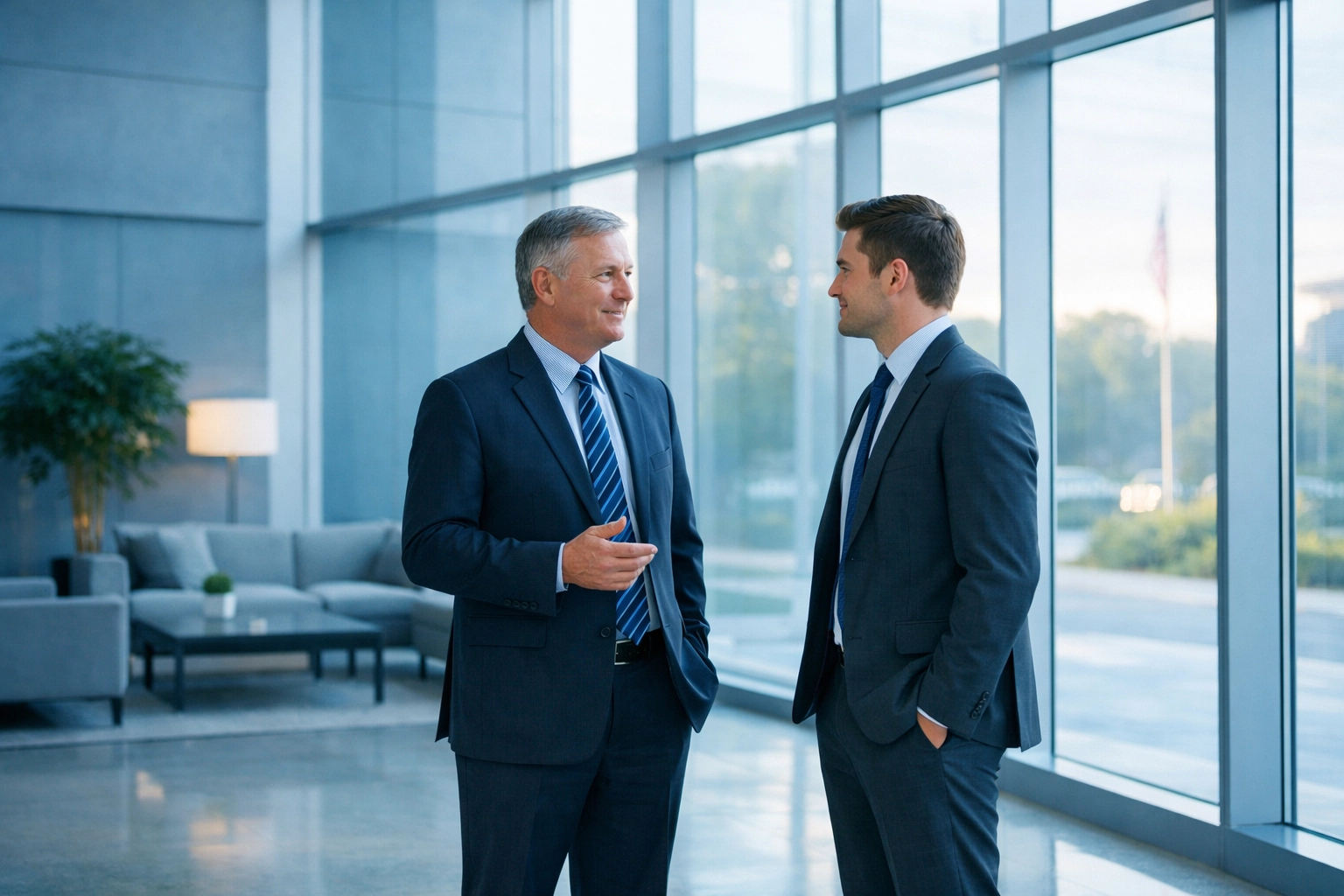 Business owners discussing a smooth leadership transition in an Alabama office.