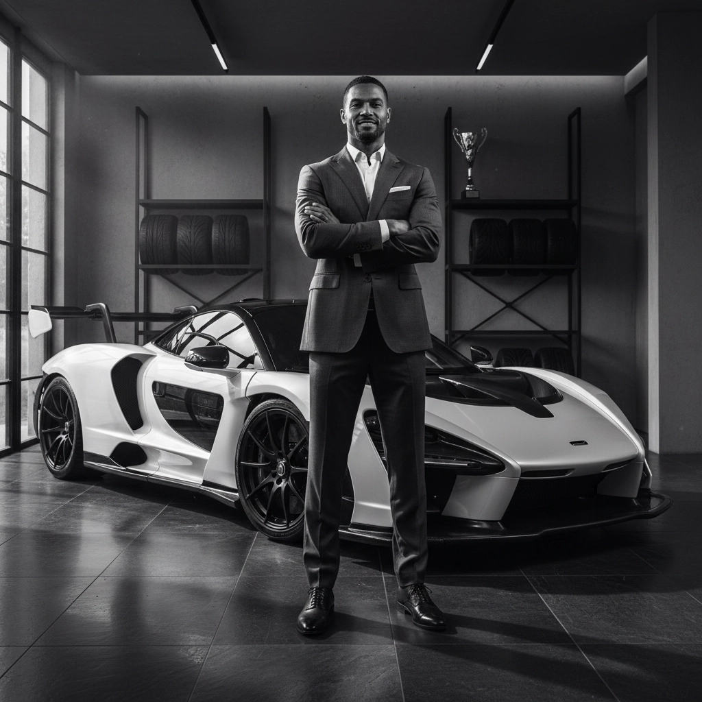 Luxury SUV on a city street at dusk, high-contrast styling