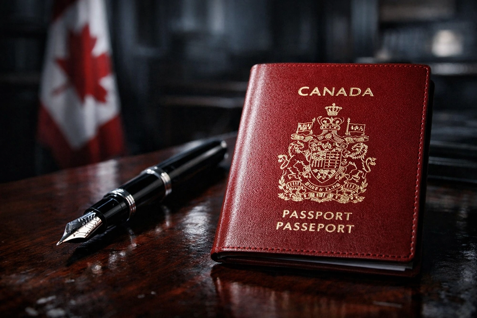 Canadian passport and pen on a desk, symbolizing new executive powers under immigration Bill C-12.