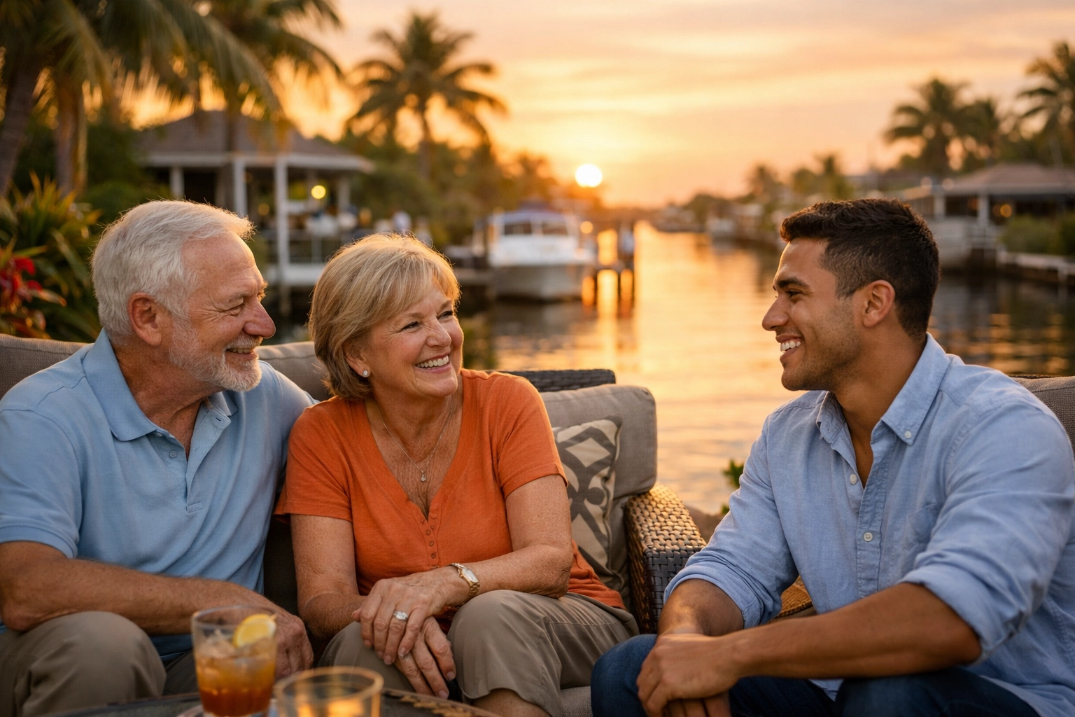 Happy Cape Coral homeowners relaxing by canal after successful home purchase