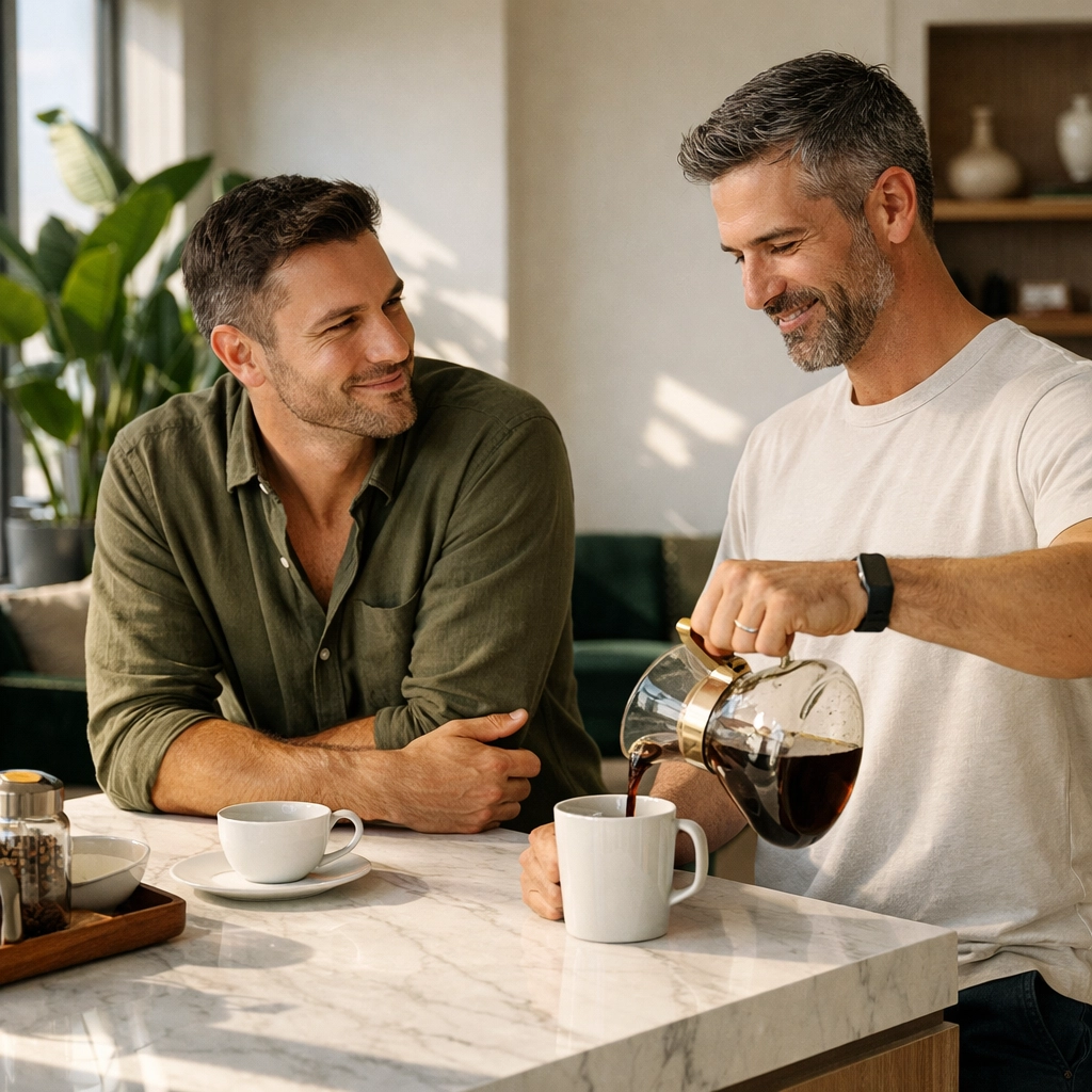 A childfree gay couple enjoys a peaceful morning in their minimalist apartment, representing LGBTQ+ lifestyle choices.