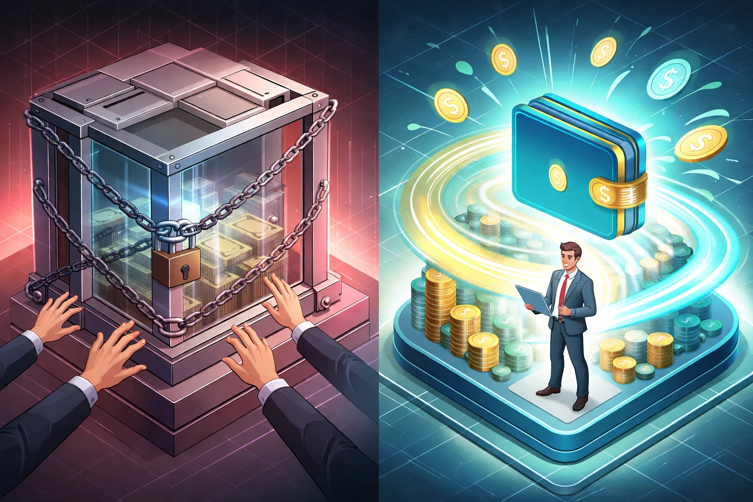 Visual comparison of custodial and self-custody crypto payment systems, highlighting merchant control and savings