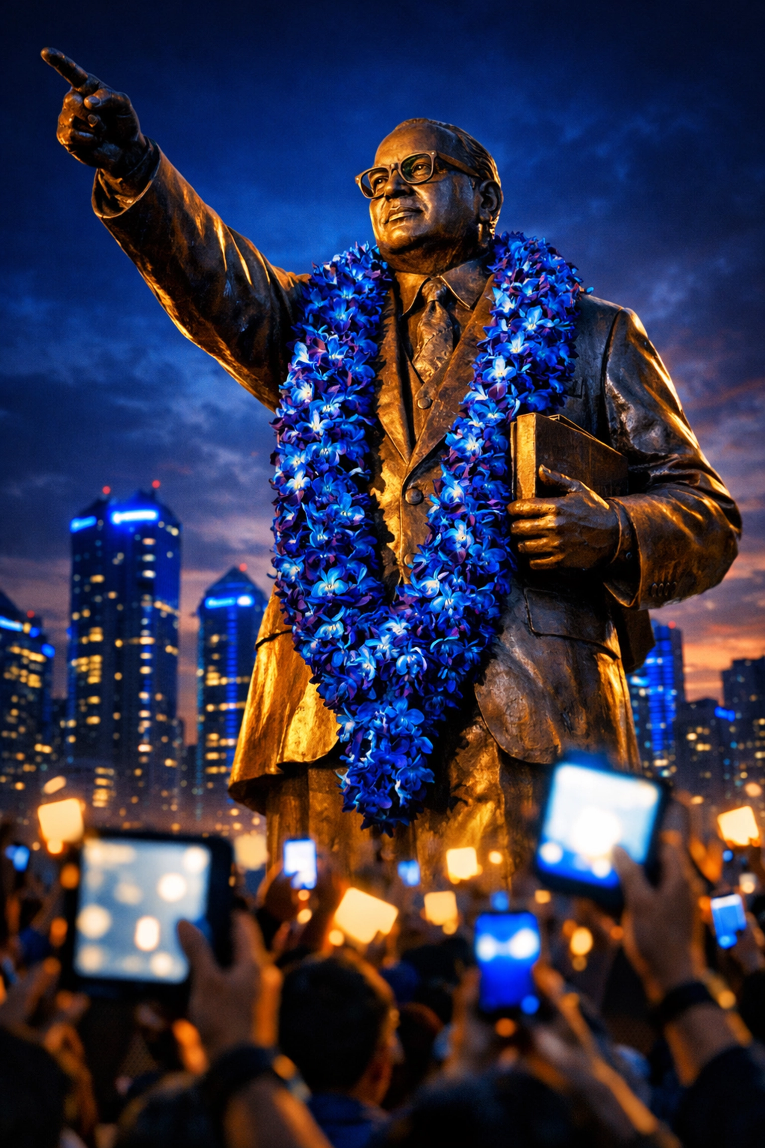 Statue of Dr. B.R. Ambedkar with blue garlands reflecting modern India's digital transformation.