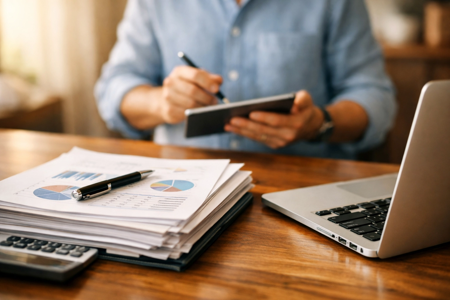A business owner organizing financial documents and a laptop for tax preparation.