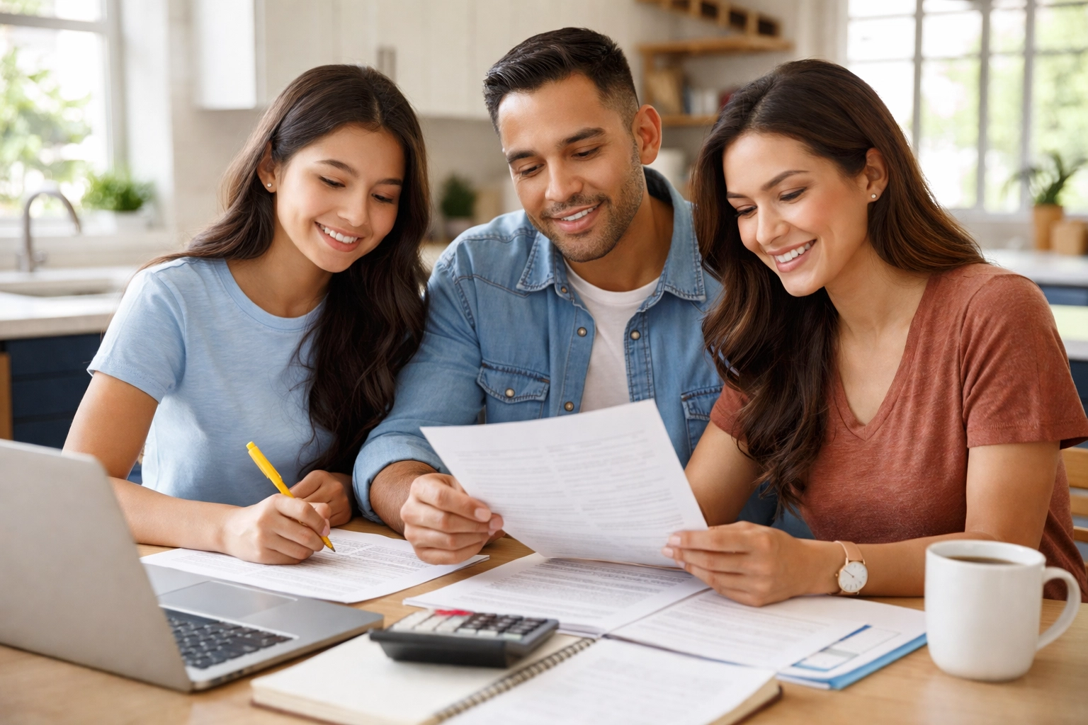 Texas family reviewing credit report documents together at kitchen table, demonstrating teamwork in credit repair.