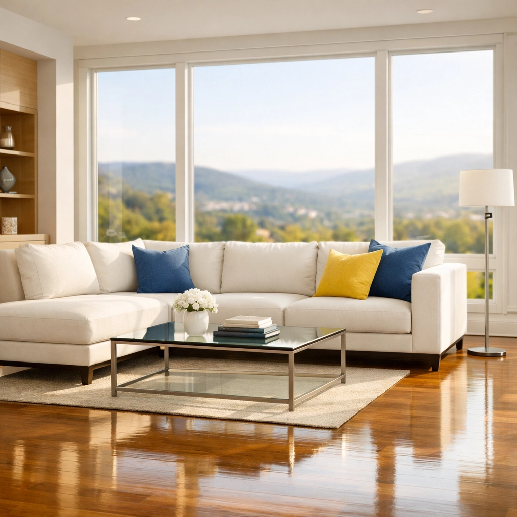 Clean and sun-drenched Fitchburg living room following a professional weekly house cleaning service.