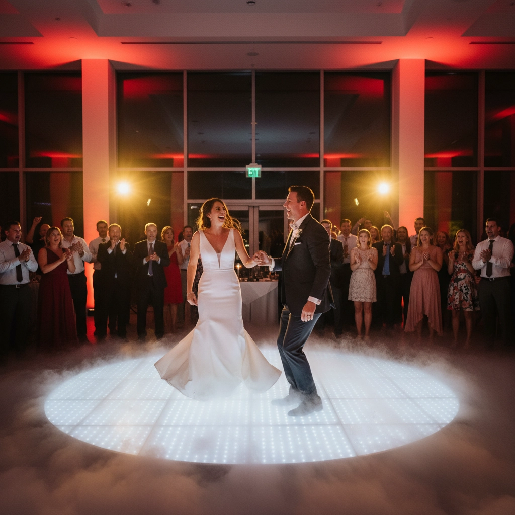 Bride and groom dance joyfully on an illuminated floor with guests clapping in a room with red lighting, creating a festive atmosphere.